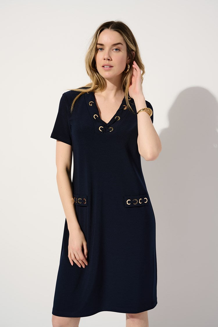 JOSEPH RIBKOFF | Silky Knit Shift Dress With Eyelets Navy