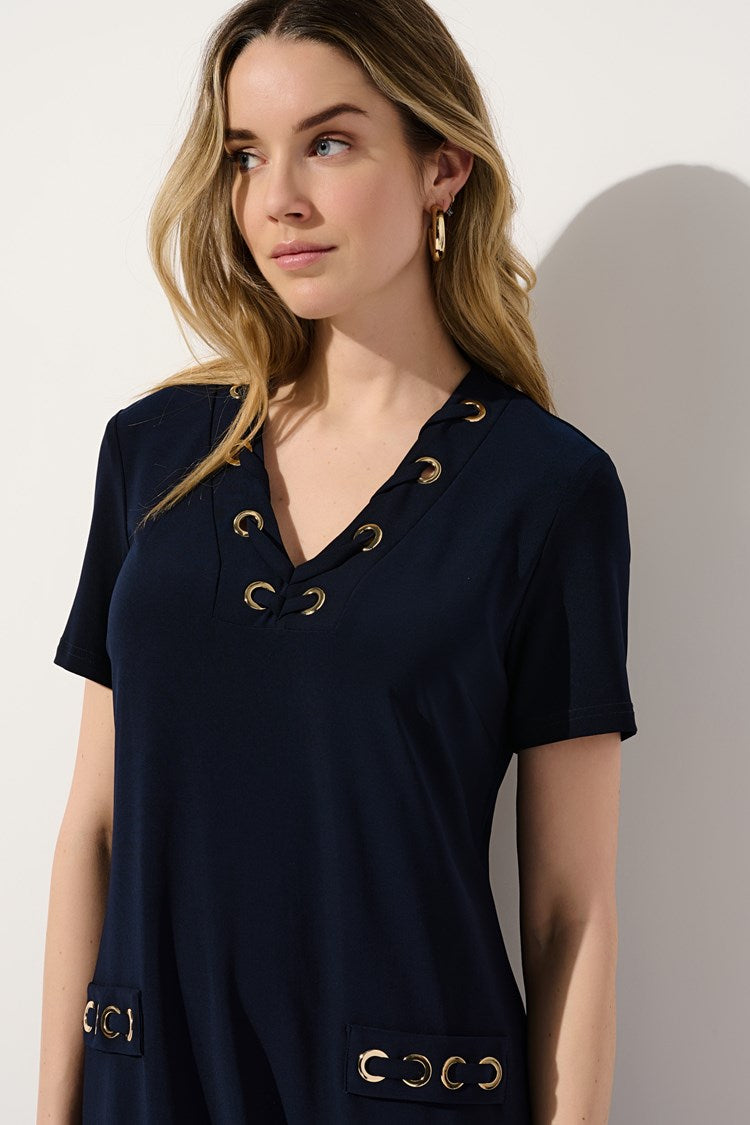 JOSEPH RIBKOFF | Silky Knit Shift Dress With Eyelets Navy