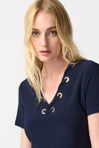 JOSEPH RIBKOFF | Silky Knit Shift Dress With Eyelets Navy