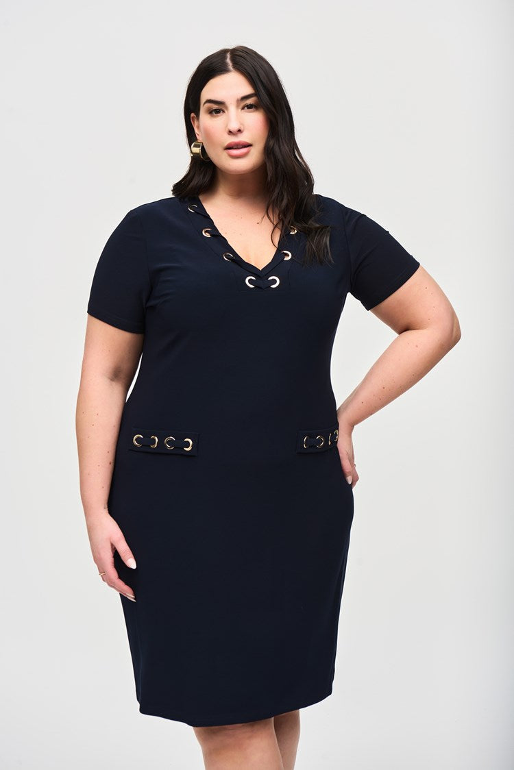 JOSEPH RIBKOFF | Silky Knit Shift Dress With Eyelets Navy