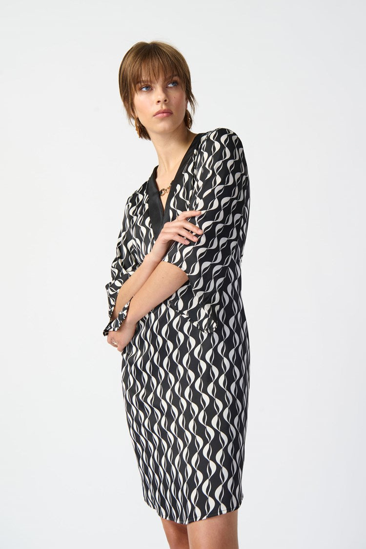 JOSEPH RIBKOFF | Geometric Print Satin A-Line Dress