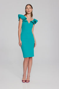 JOSEPH RIBKOFF | Scuba Crepe Ruffle Sheath Dress Ocean Blue