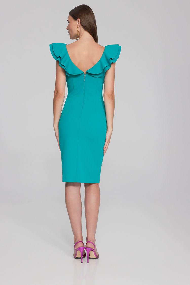 JOSEPH RIBKOFF | Scuba Crepe Ruffle Sheath Dress Ocean Blue