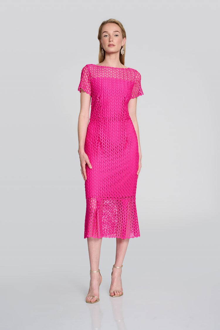 JOSEPH RIBKOFF | Guipure Lace Flounce Dress Shocking Pink