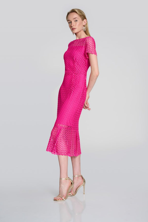 JOSEPH RIBKOFF | Guipure Lace Flounce Dress Shocking Pink