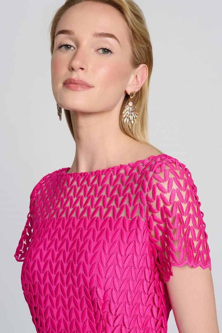 JOSEPH RIBKOFF | Guipure Lace Flounce Dress Shocking Pink