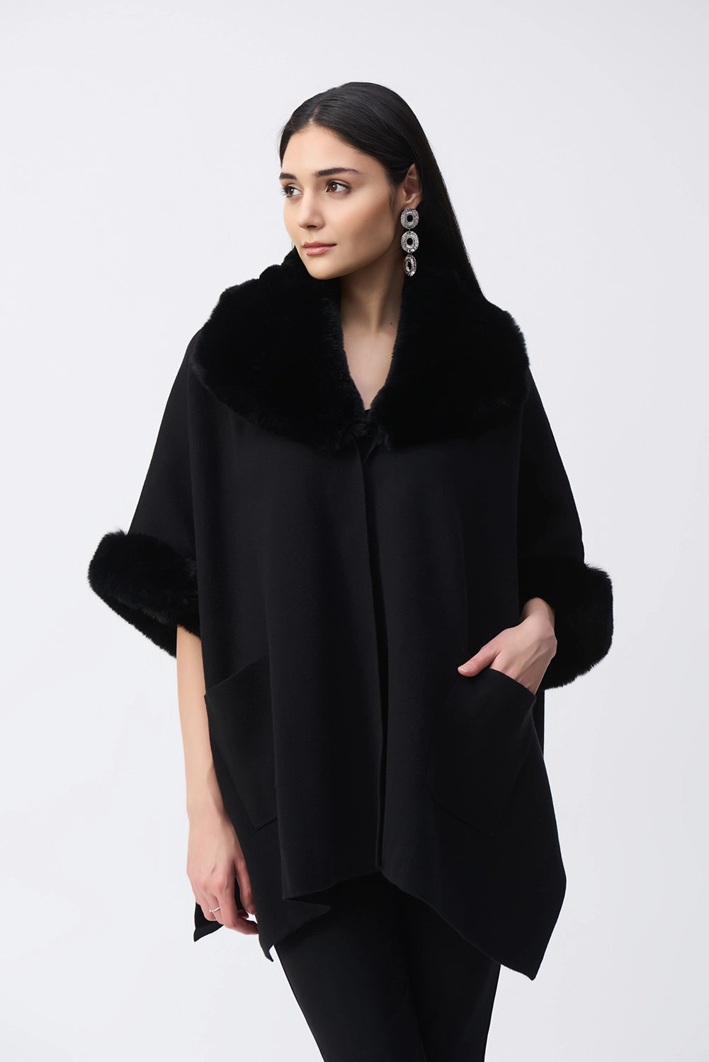 JOSEPH RIBKOFF | Brushed Jacquard and Faux Fur Cape 243930