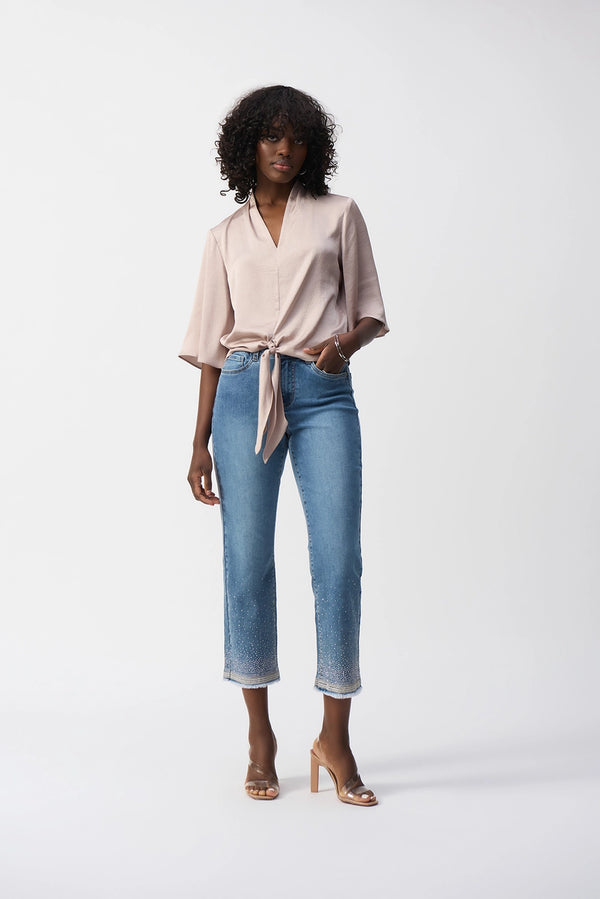 Joseph Ribkoff | Satin V-Neck Top with Front Tie - Parchment