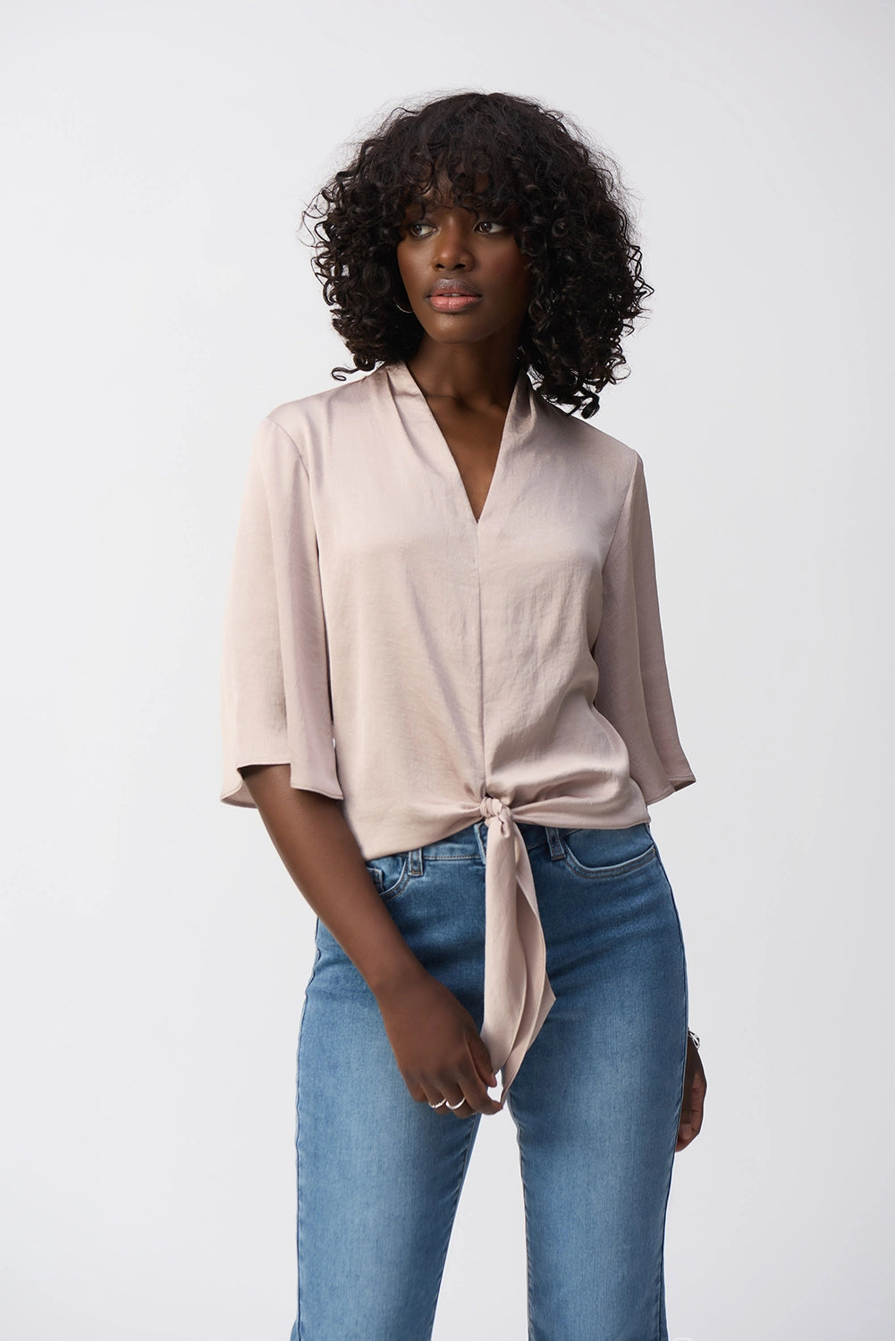 Joseph Ribkoff | Satin V-Neck Top with Front Tie - Parchment