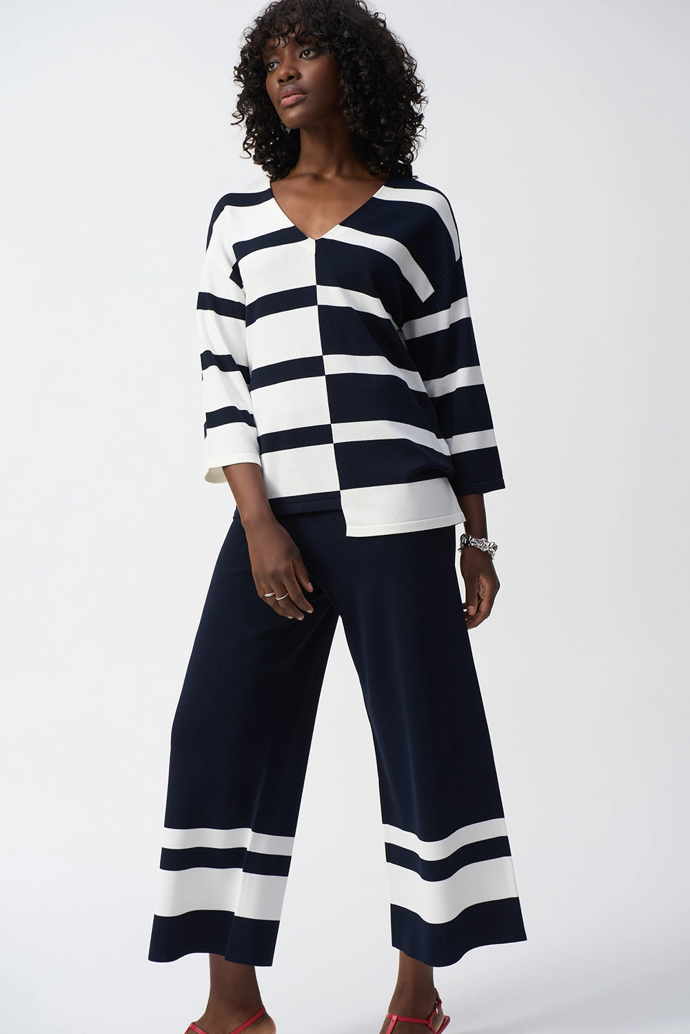 Joseph Ribkoff  | Striped Sweater Knit V-Neck Pullover - Midnight Blue/Vanilla