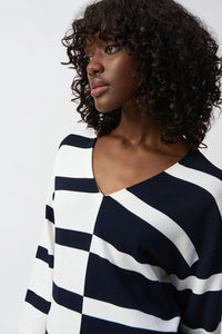 Joseph Ribkoff  | Striped Sweater Knit V-Neck Pullover - Midnight Blue/Vanilla