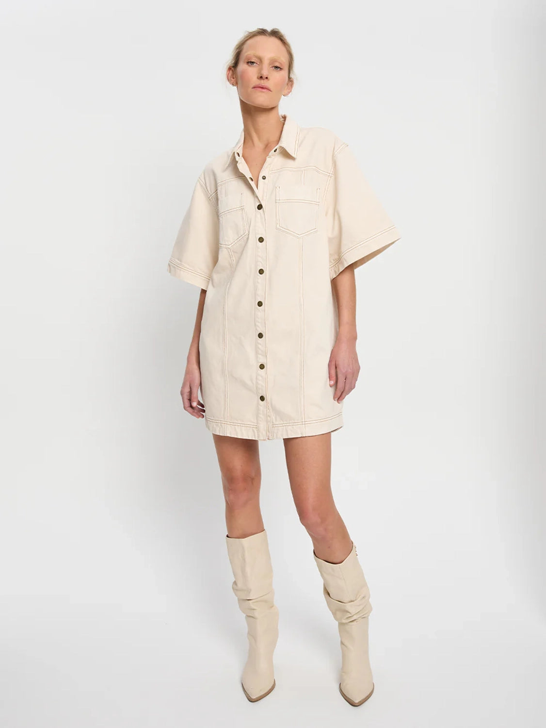 KIVARI | ROWYN DENIM SHIRT DRESS - CREAM