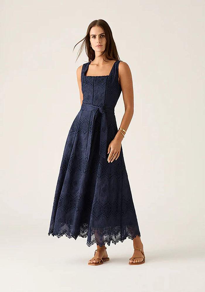 MOS THE LABEL | MARIANA EMBROIDERY MIDI DRESS | NAVY