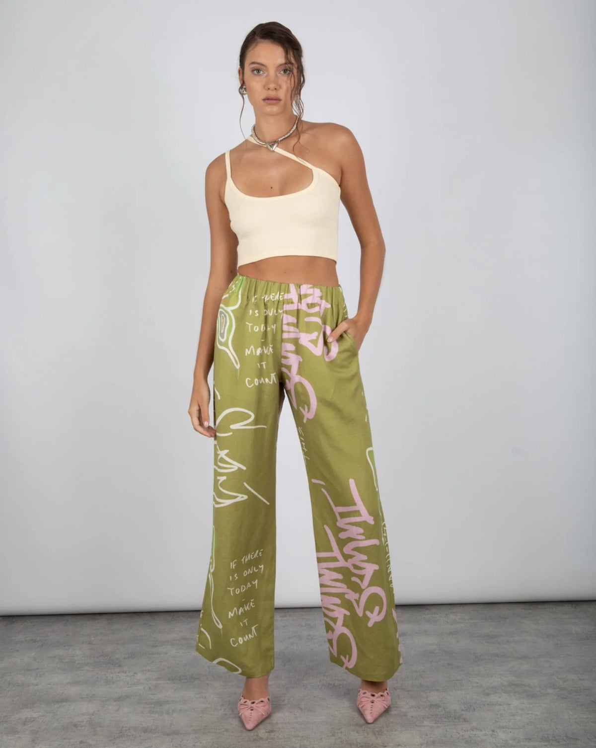 SUMMI SUMMI | LINEN PANTS GRAFITTI BUTTERFLY KHAKI